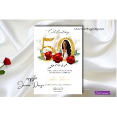 50th Birthday Party Invitation with photo,Red Roses 50th Birthday Party Celebration Invitation,(148w)